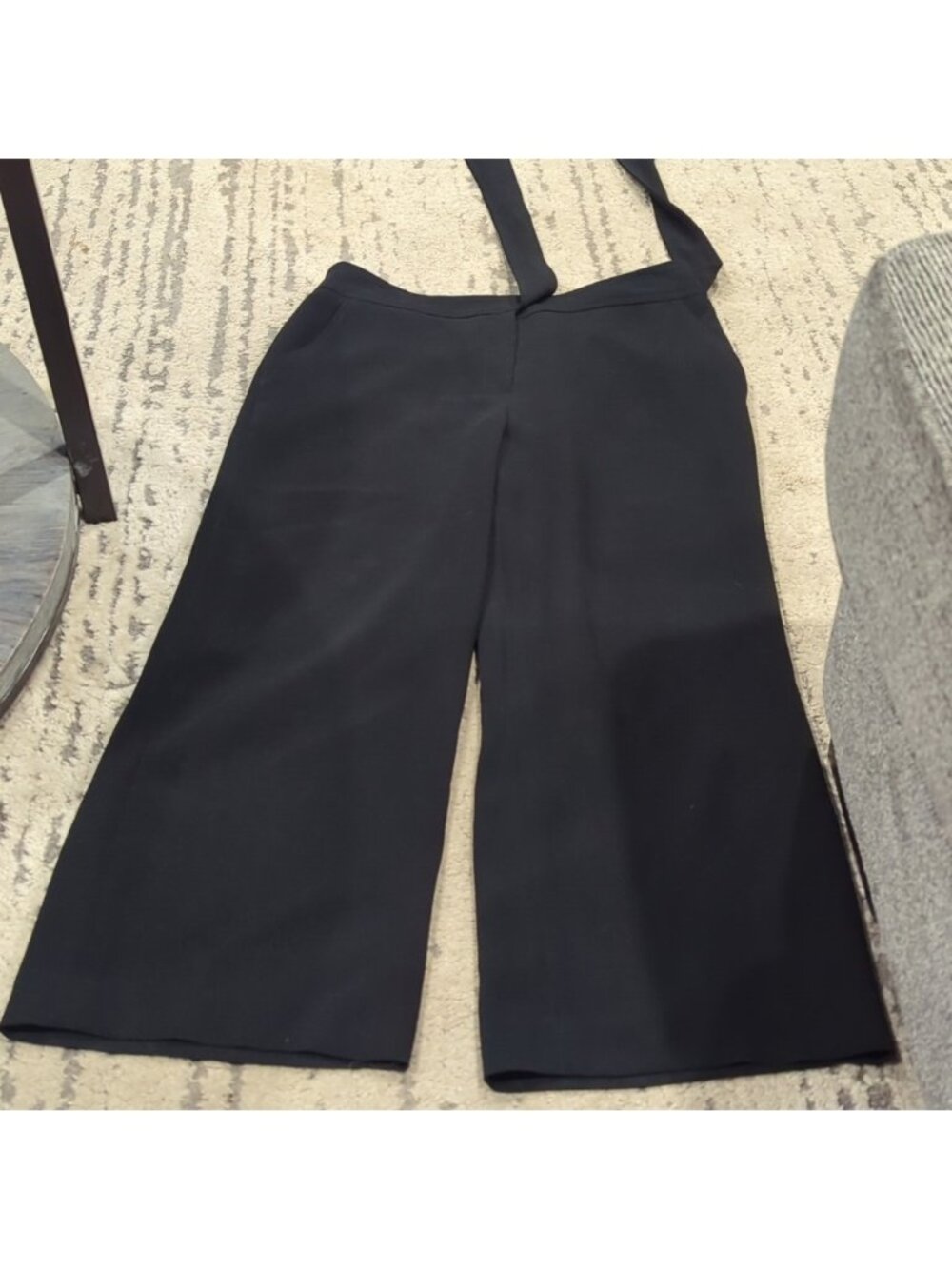 Louben Black Women's Wide Leg Cropped Trousers With Attached Belt